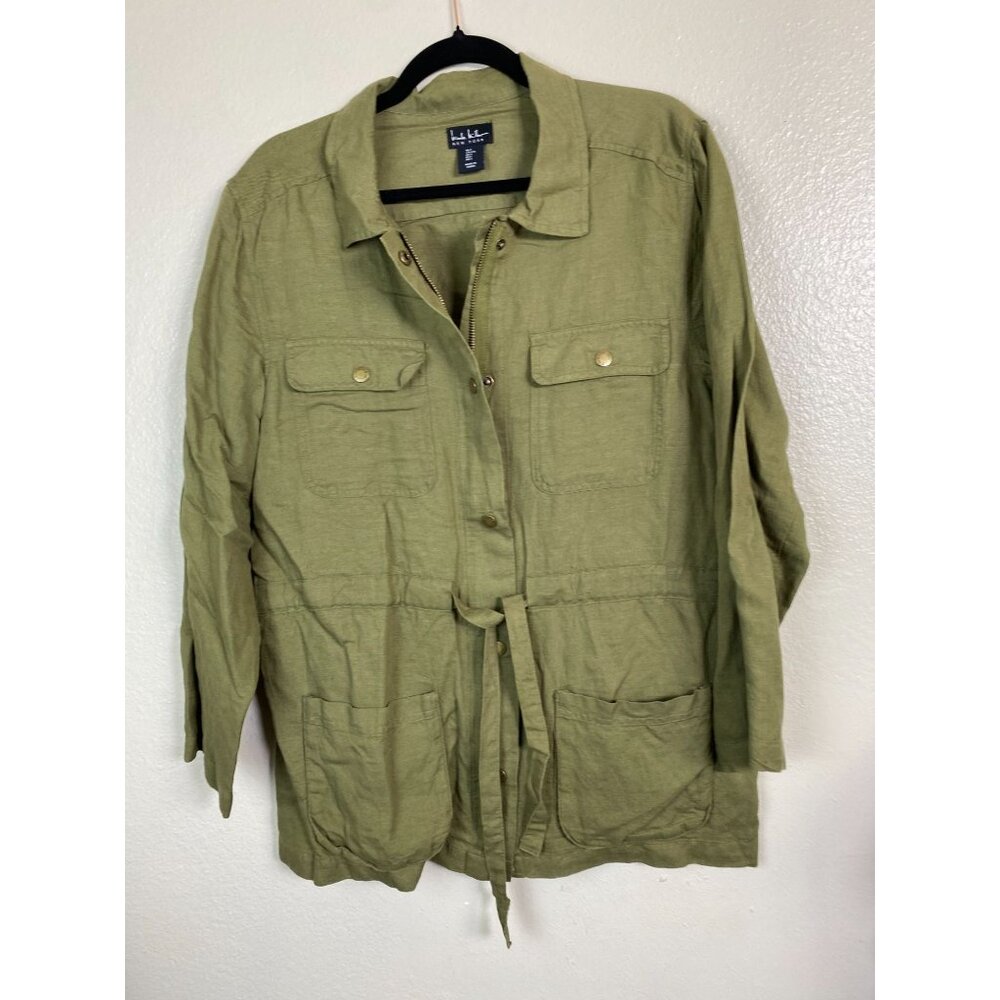 Nicole Miller Linen Blend Cargo Chore Jacket Large Barn Military Utility Green